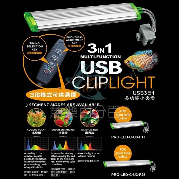 ～★魚樂百分百水族★～ 雅柏UP－USB側夾燈、LED水族燈、魚缸燈 水草、增豔、混光紅三合一／清澈、深海、混光藍三合一-細節圖2