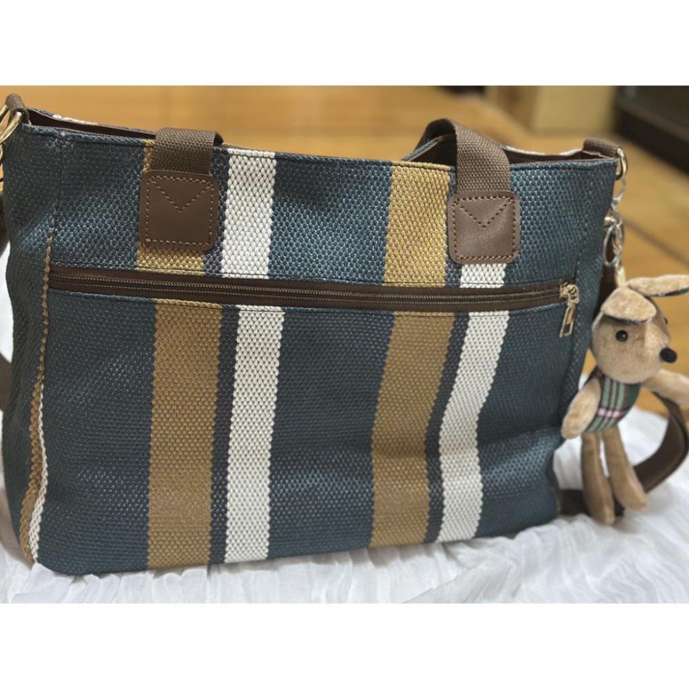 通勤大包包 編織包 氣質肩背包 條紋撞色包包 大容量 媽媽包 附兔子吊飾-細節圖3