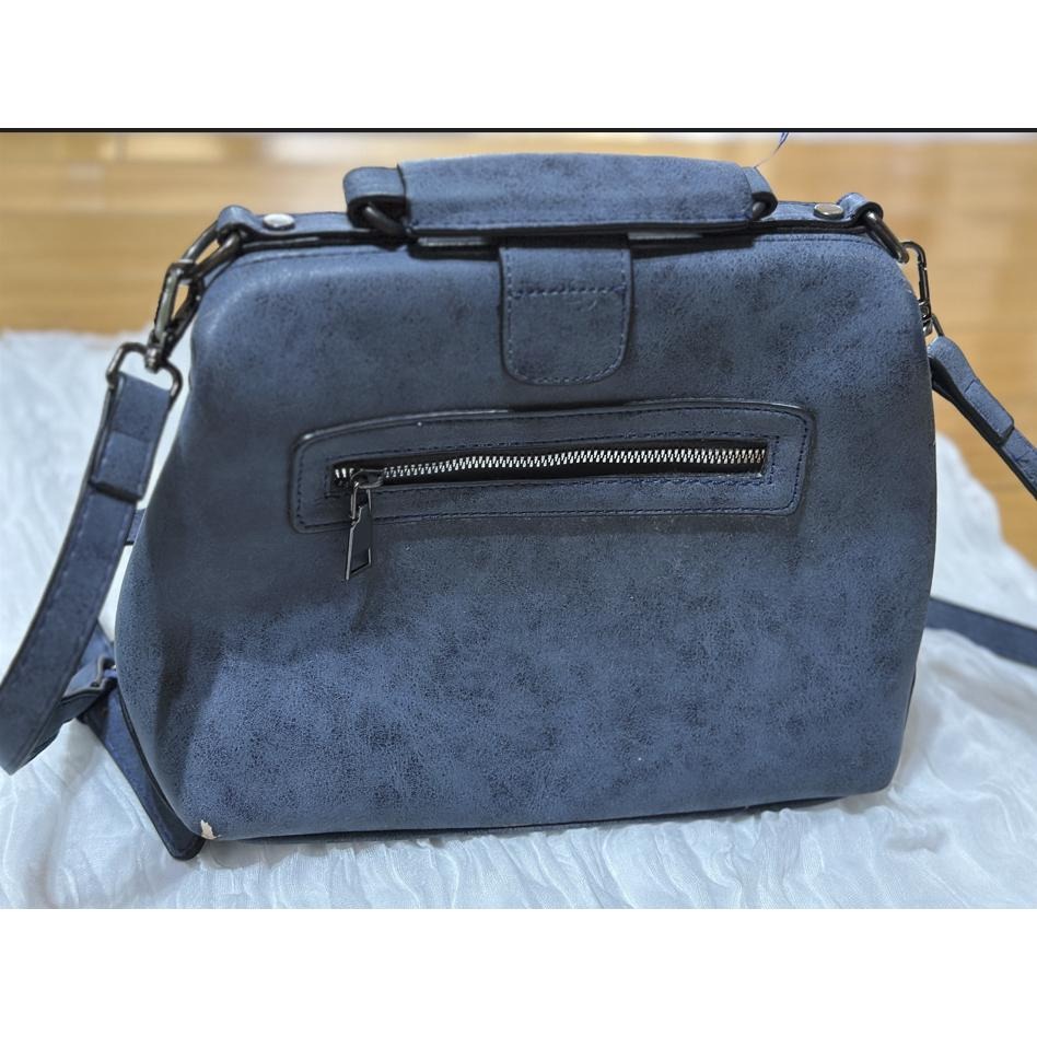 二手包包 復古醫生包／口金包 斜背包 手提包 側肩包 藍色彷皮雲石紋經典扣帶設計醫生包-細節圖2