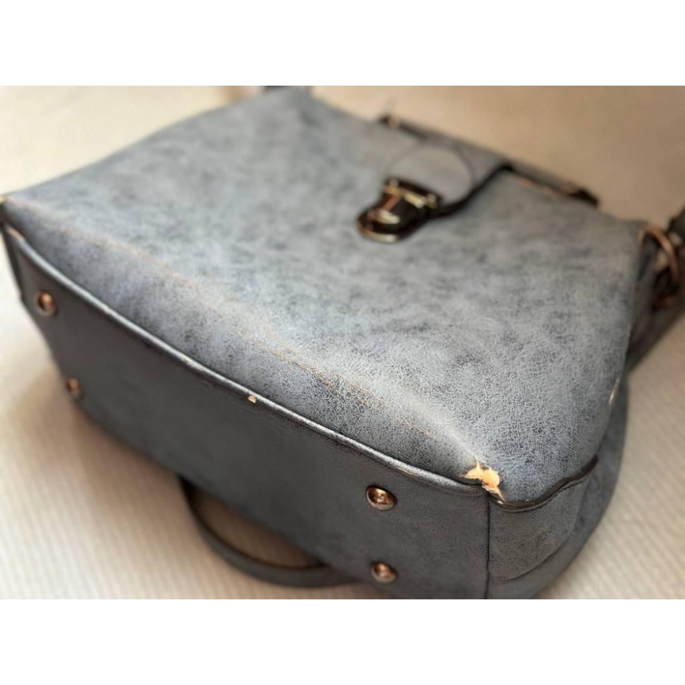 二手包包 復古醫生包／口金包 斜背包 手提包 側肩包 藍色彷皮雲石紋經典扣帶設計醫生包-細節圖7