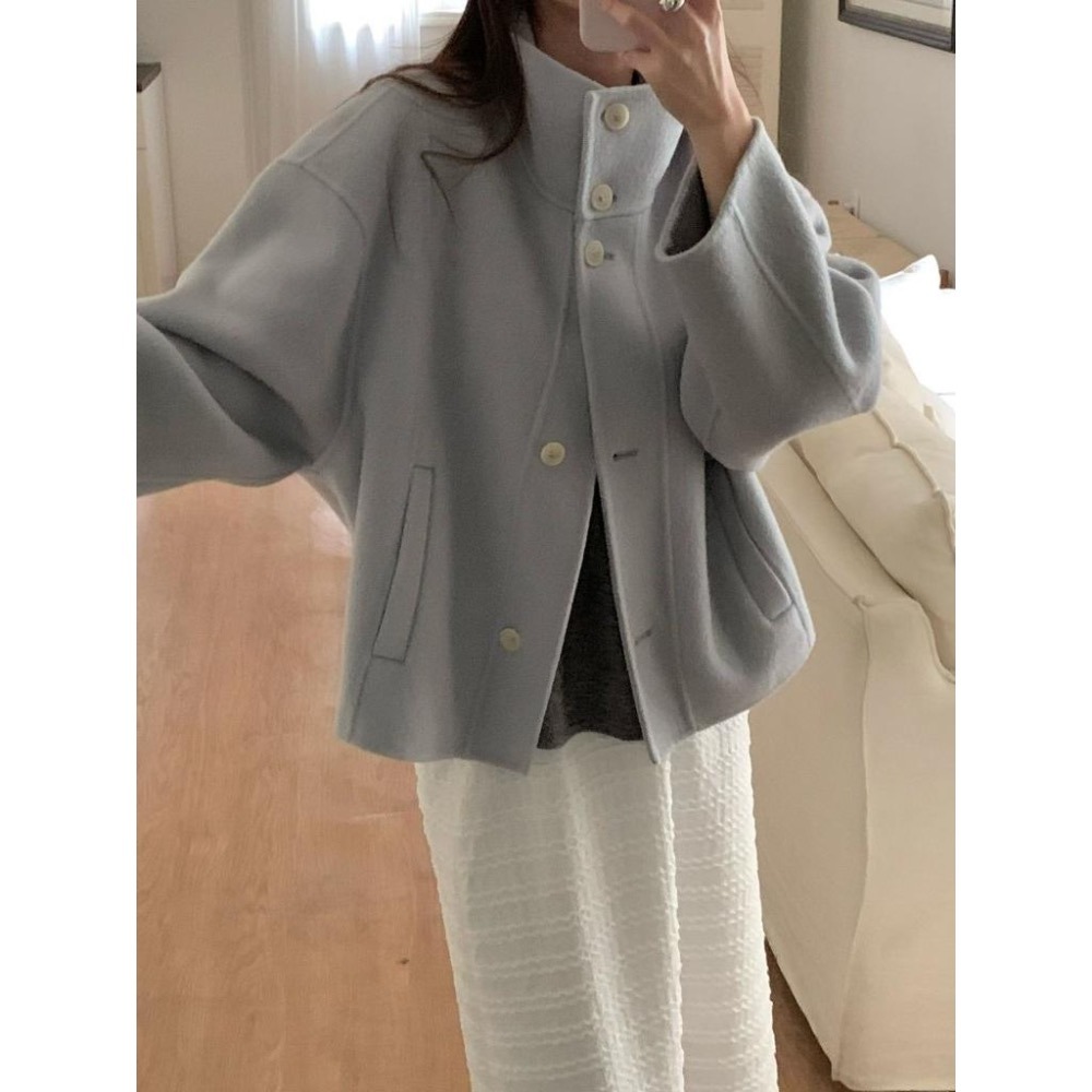 [25W1115]🇰🇷正韓空運(現貨)/韓國代購/秋冬新品/俐落高領翻領兩穿中短版手工羊毛大衣(三色)-細節圖6