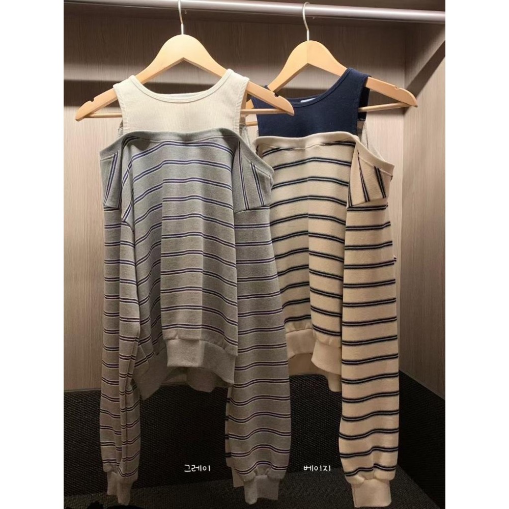 [25F0903]🇰🇷正韓空運(現貨+預購）/韓國代購/東大門APM早秋新品/假兩件撞色條紋露肩衛衣 大學T(兩色)-細節圖8
