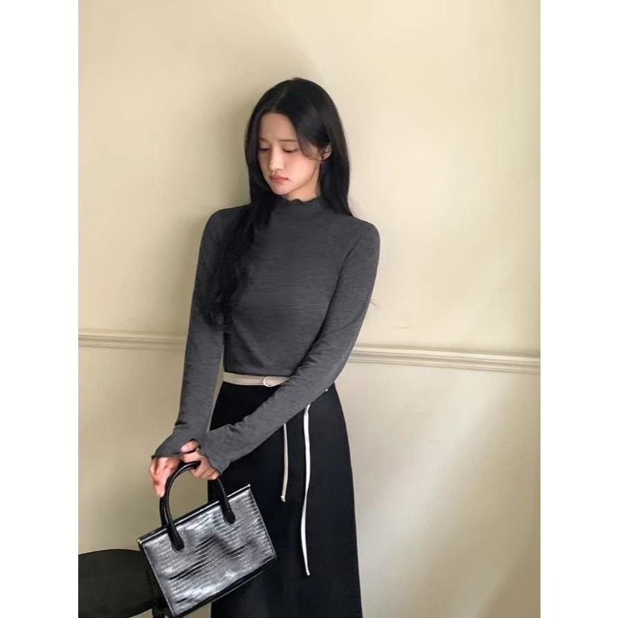 [24W1207]🇰🇷正韓空運(現貨+預購)/韓國代購/韓國直送/百搭包色款親膚小高領荷葉邊羊毛打底上衣(五色)-細節圖5