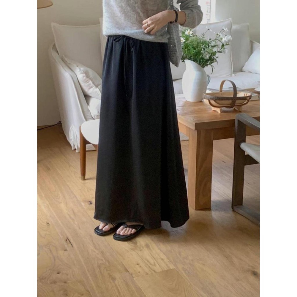 [25S0212]🇰🇷正韓空運(現貨+預購)/韓國代購/韓國連線/春夏新品/抽繩綁帶垂墜感雪紡絲緞長裙(兩色)-細節圖7