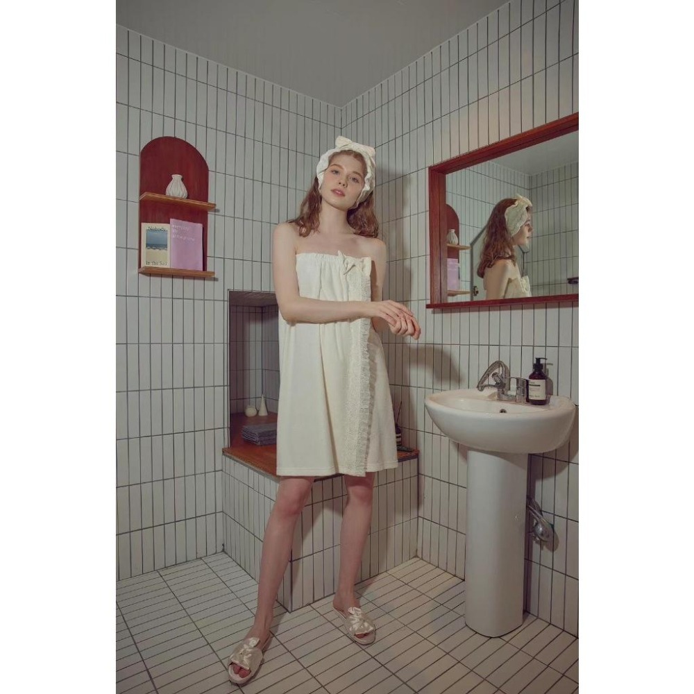 🧡正韓空運(現貨)/韓國代購/秋冬新品/BALCONY甜美女孩蝴蝶結鬆緊浴巾含髮帶-細節圖3