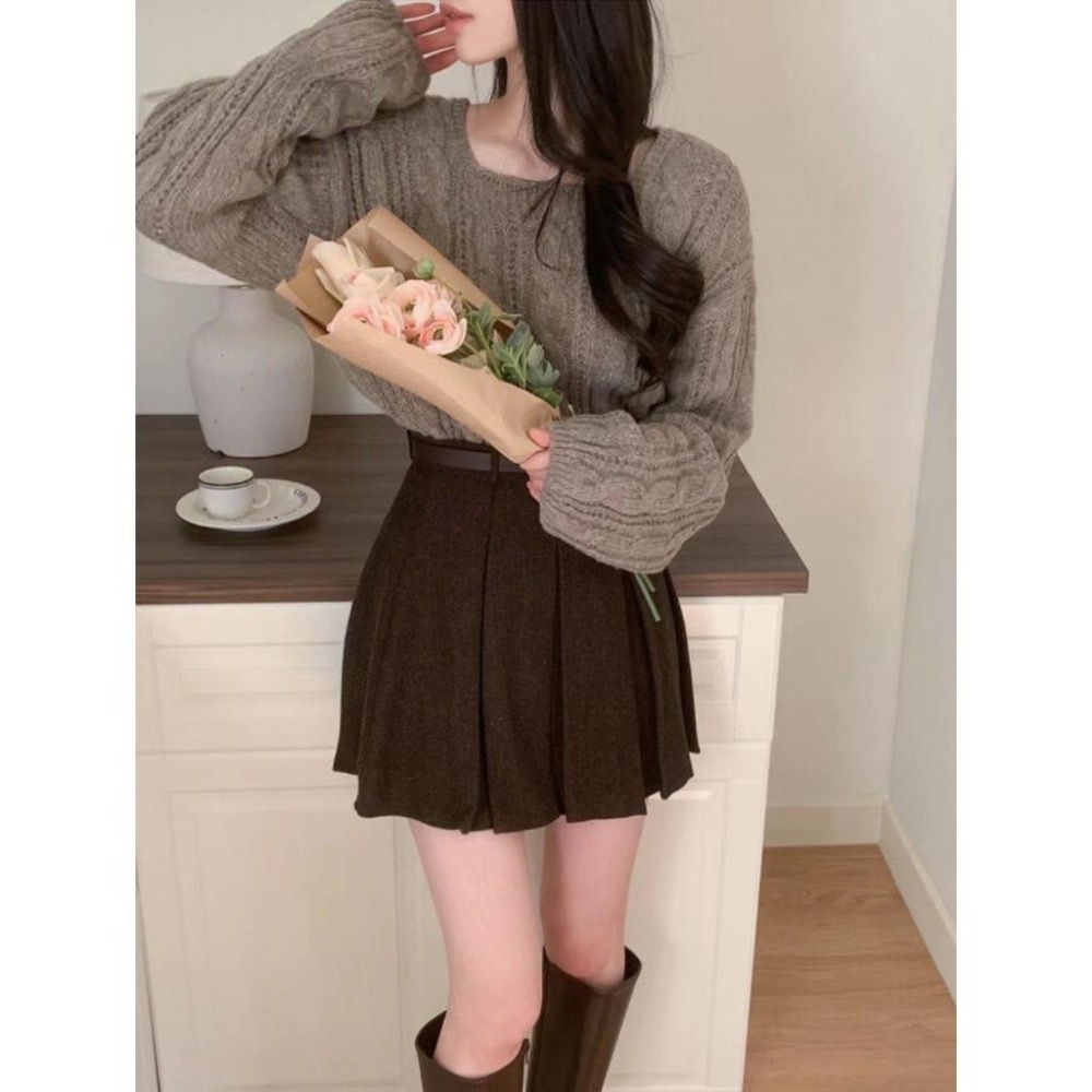 [24W1003]🇰🇷正韓空運(預購)/韓國代購/秋冬新品/秋冬毛呢百褶長腿短裙 附腰帶(兩色/S-L)-細節圖2