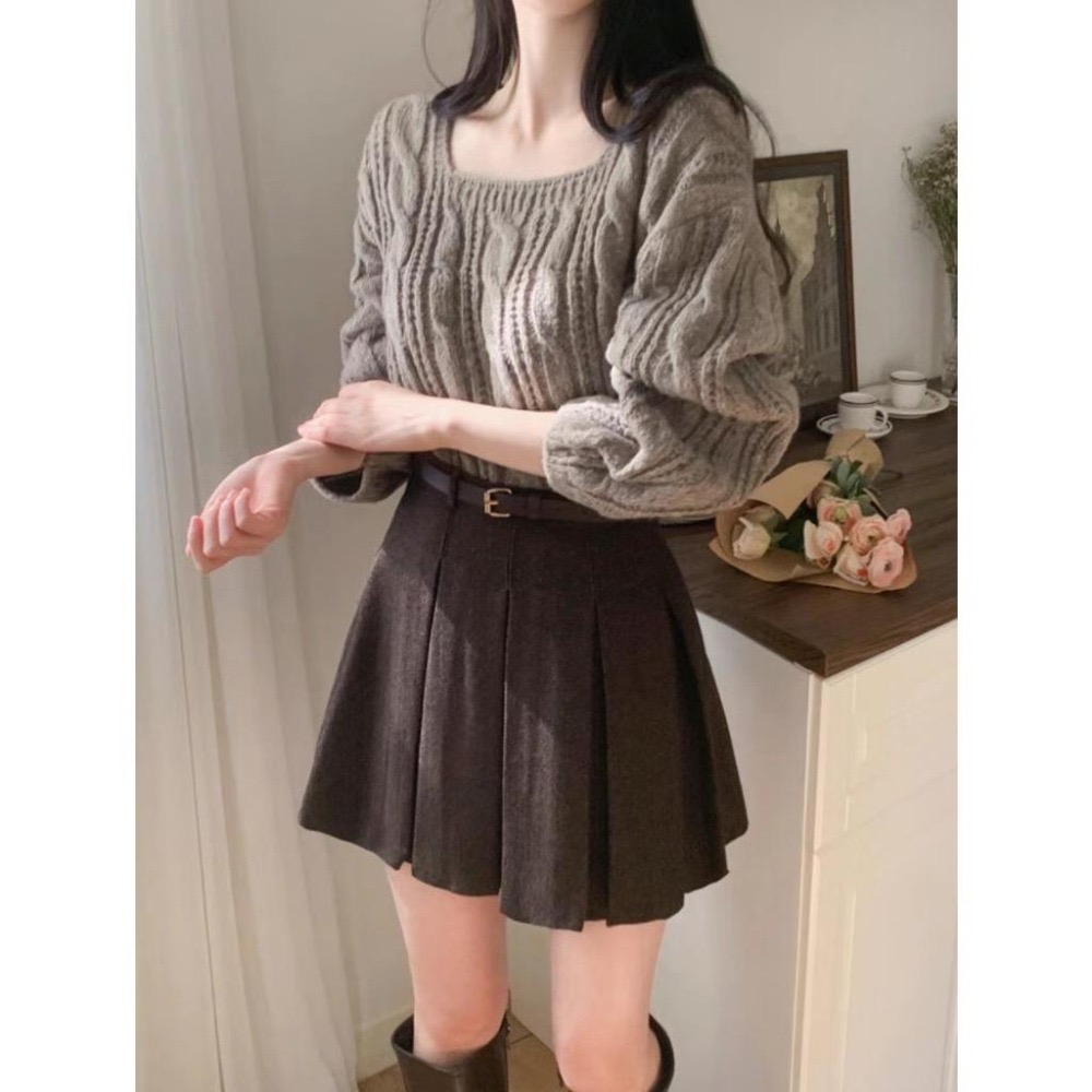 [24W1003]🇰🇷正韓空運(預購)/韓國代購/秋冬新品/秋冬毛呢百褶長腿短裙 附腰帶(兩色/S-L)-細節圖3