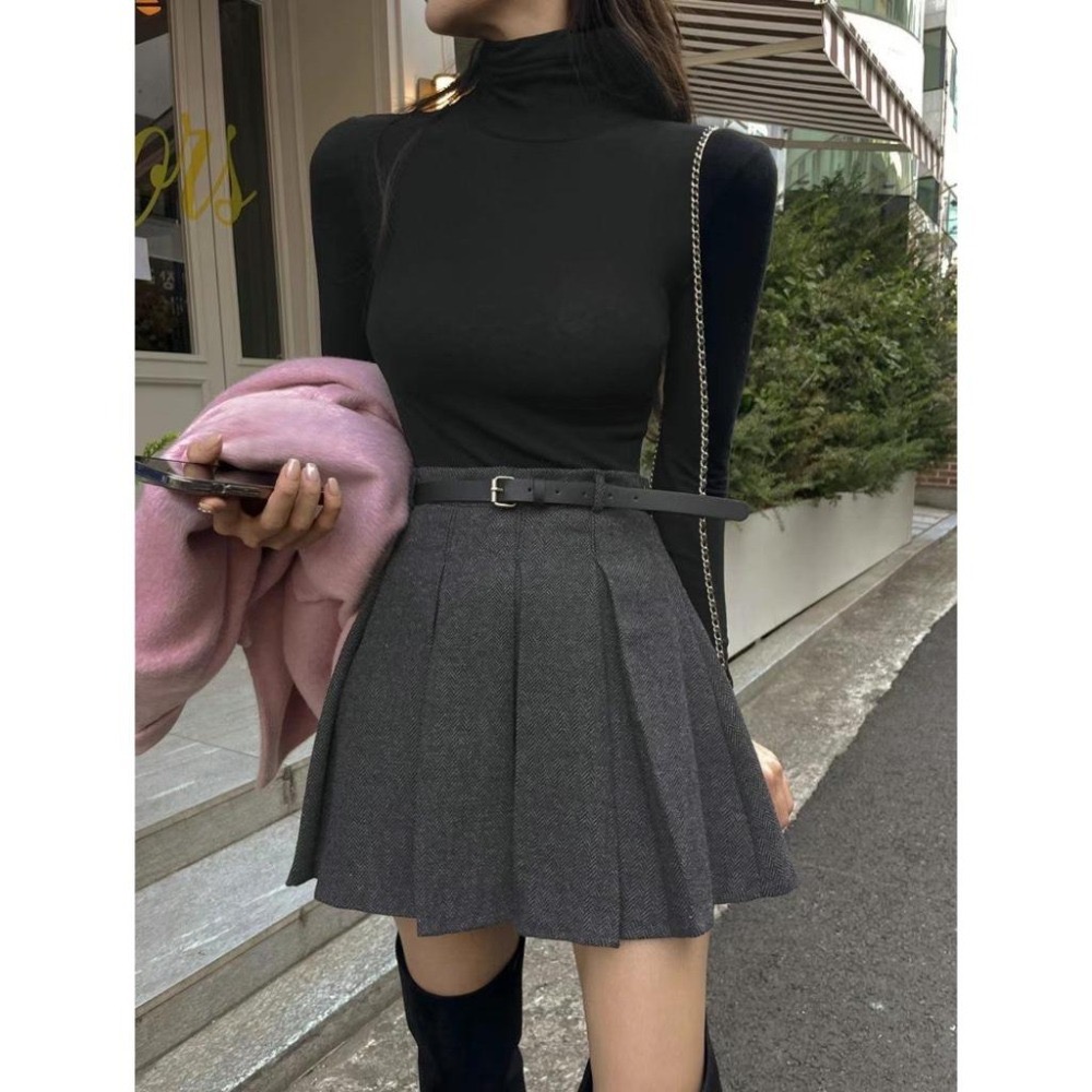[24W1003]🇰🇷正韓空運(預購)/韓國代購/秋冬新品/秋冬毛呢百褶長腿短裙 附腰帶(兩色/S-L)-細節圖5