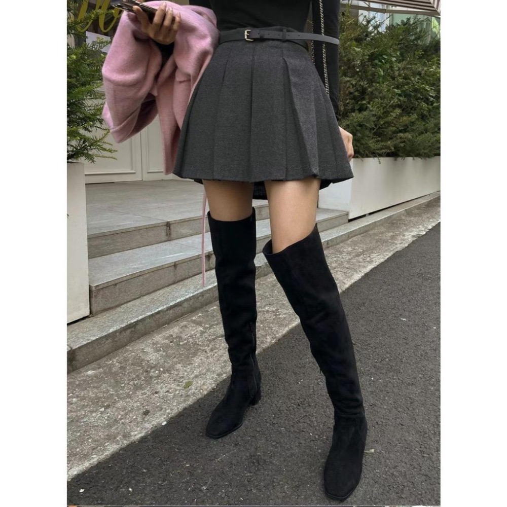 [24W1003]🇰🇷正韓空運(預購)/韓國代購/秋冬新品/秋冬毛呢百褶長腿短裙 附腰帶(兩色/S-L)-細節圖6