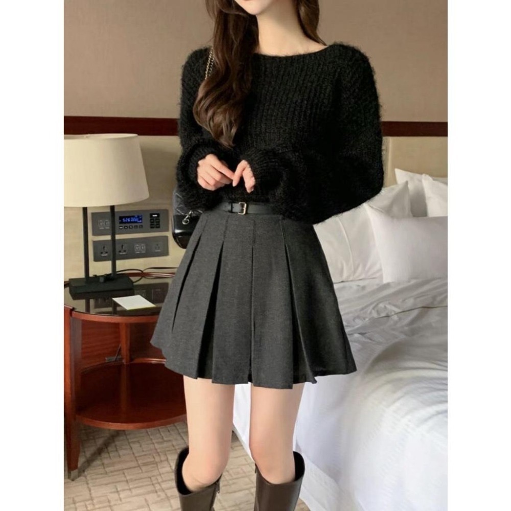 [24W1003]🇰🇷正韓空運(預購)/韓國代購/秋冬新品/秋冬毛呢百褶長腿短裙 附腰帶(兩色/S-L)-細節圖9