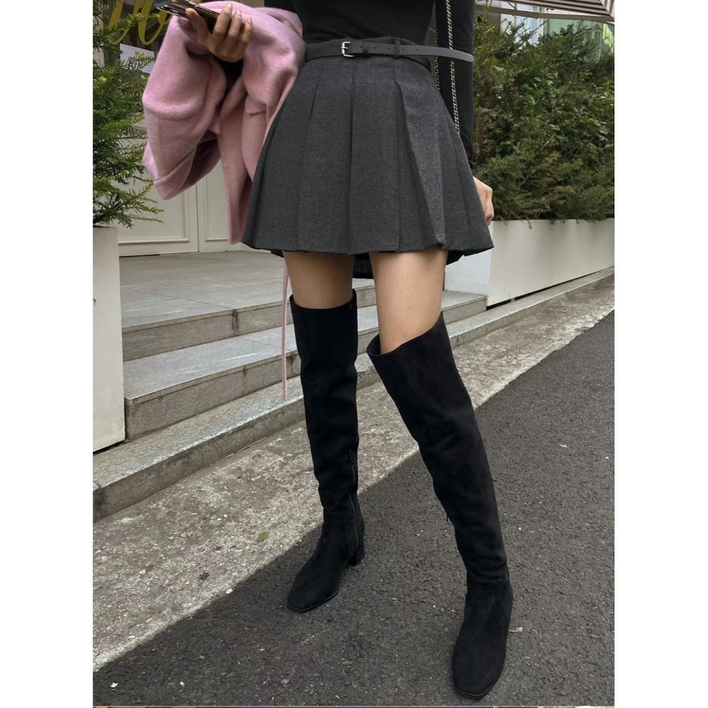 [24W1003]🇰🇷正韓空運(預購)/韓國代購/秋冬新品/秋冬毛呢百褶長腿短裙 附腰帶(兩色/S-L)-規格圖9