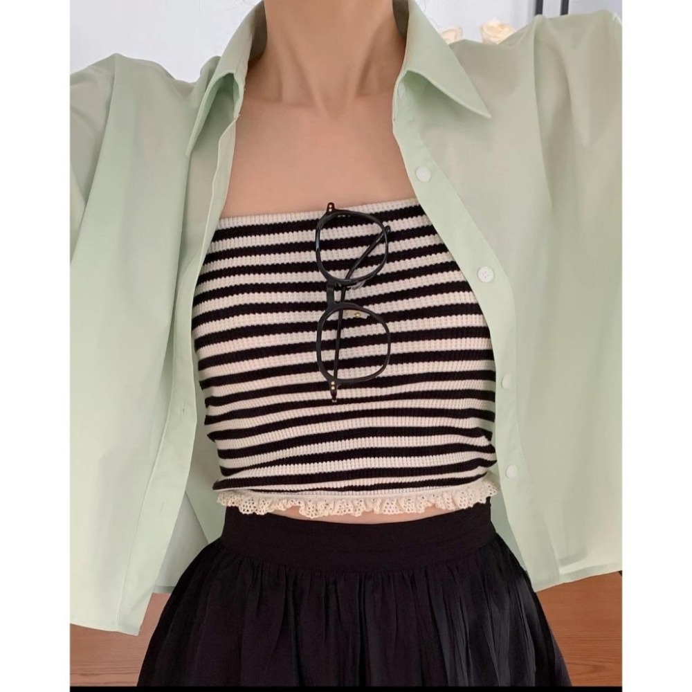 [24S0423]🇰🇷正韓空運【小資款】(現貨)/韓國代購/春夏新品/條紋蕾絲下擺平口小可愛(兩色)-細節圖7