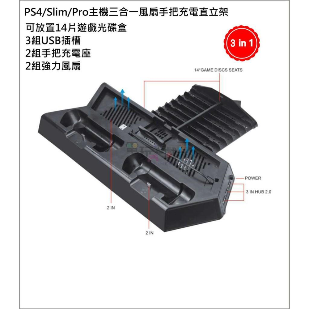 電玩遊戲王☆新品現貨 KJH PS4 Slim Pro 3合1直立架 立架+雙風扇散熱器+雙手把充電座放置架+遊戲收納架-細節圖3