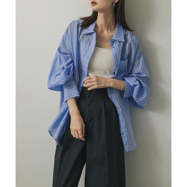 ：常花二手：🇯🇵 SENSE OF PLACE ✿ 澎袖條紋透膚襯衫（實拍照請看下方商品說明欄）日牌正品 現貨-細節圖4