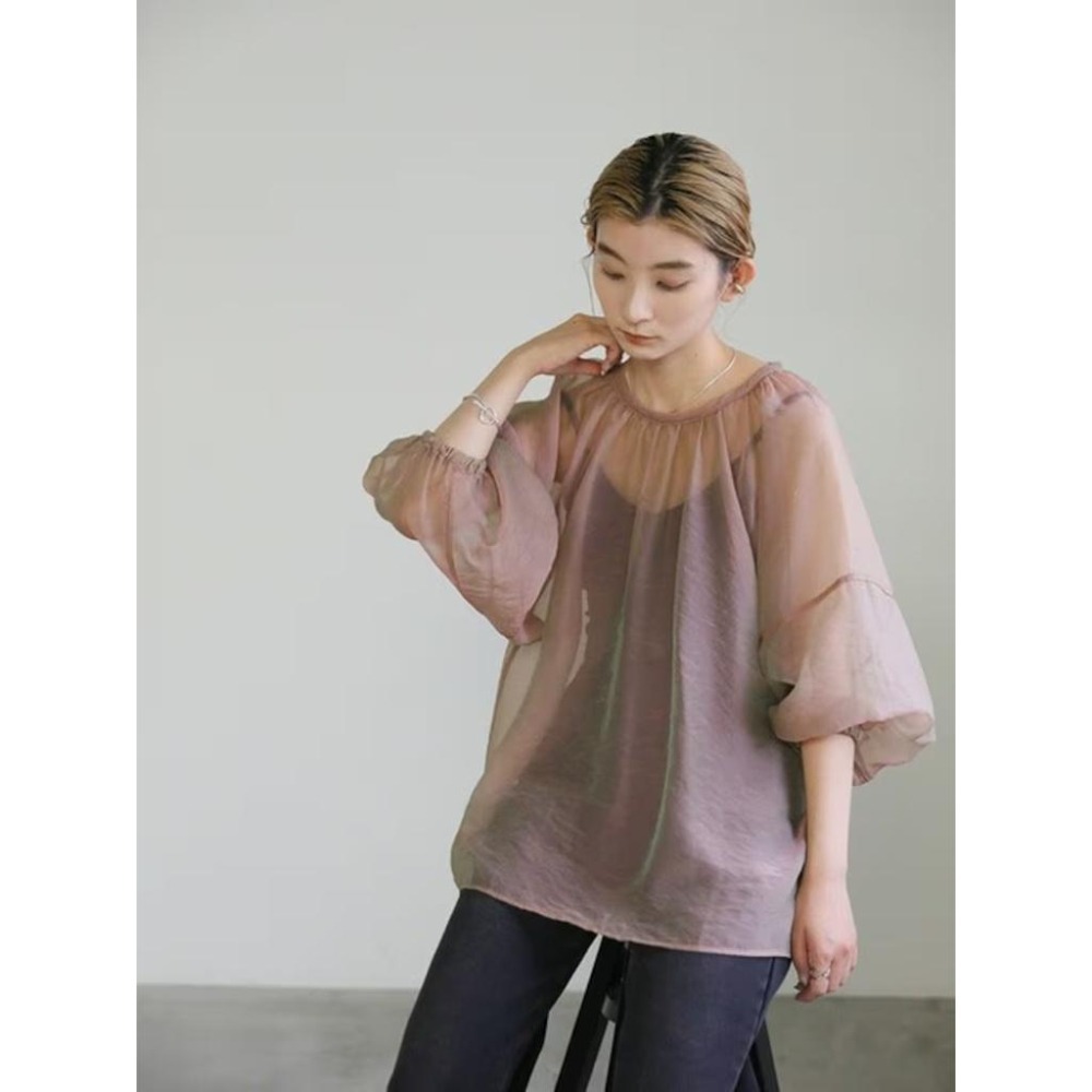 ：常花二手：🇯🇵 select MOCA ✿ 透膚澎袖V領襯衫（實拍照請看下方商品說明欄）＃日牌正品-細節圖7