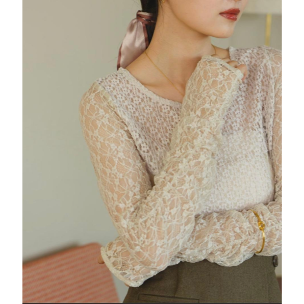 ：常花二手：🇯🇵 hinari ✿ 拼接蕾絲抓皺袖口透膚上衣（實拍照請看下方商品說明欄）日牌正品 現貨-細節圖2