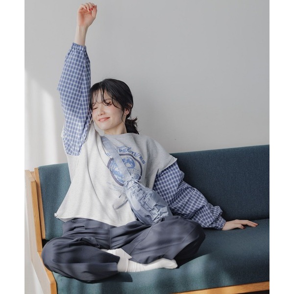 ：常花二手：🇯🇵 niko and... ✿ 格紋澎袖荷葉邊拼接Ｔ恤（實拍照請看下方商品說明欄）日牌正品 現貨-細節圖3
