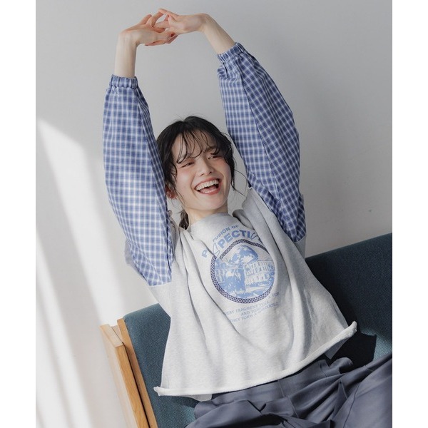 ：常花二手：🇯🇵 niko and... ✿ 格紋澎袖荷葉邊拼接Ｔ恤（實拍照請看下方商品說明欄）日牌正品 現貨-細節圖4