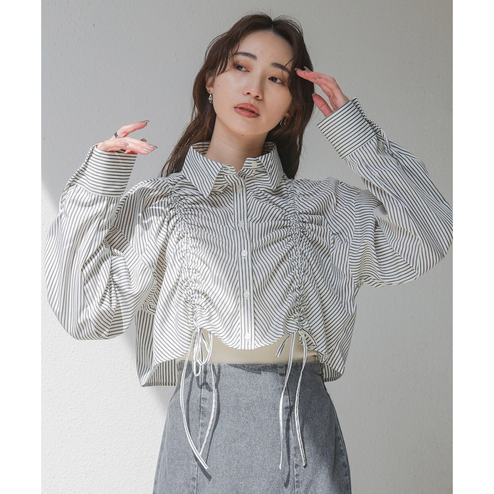 ：常花二手：🇯🇵 Bab ✿ 抓皺蝴蝶結條紋短版襯衫（實拍照請看下方商品說明欄）日牌正品 現貨-細節圖3