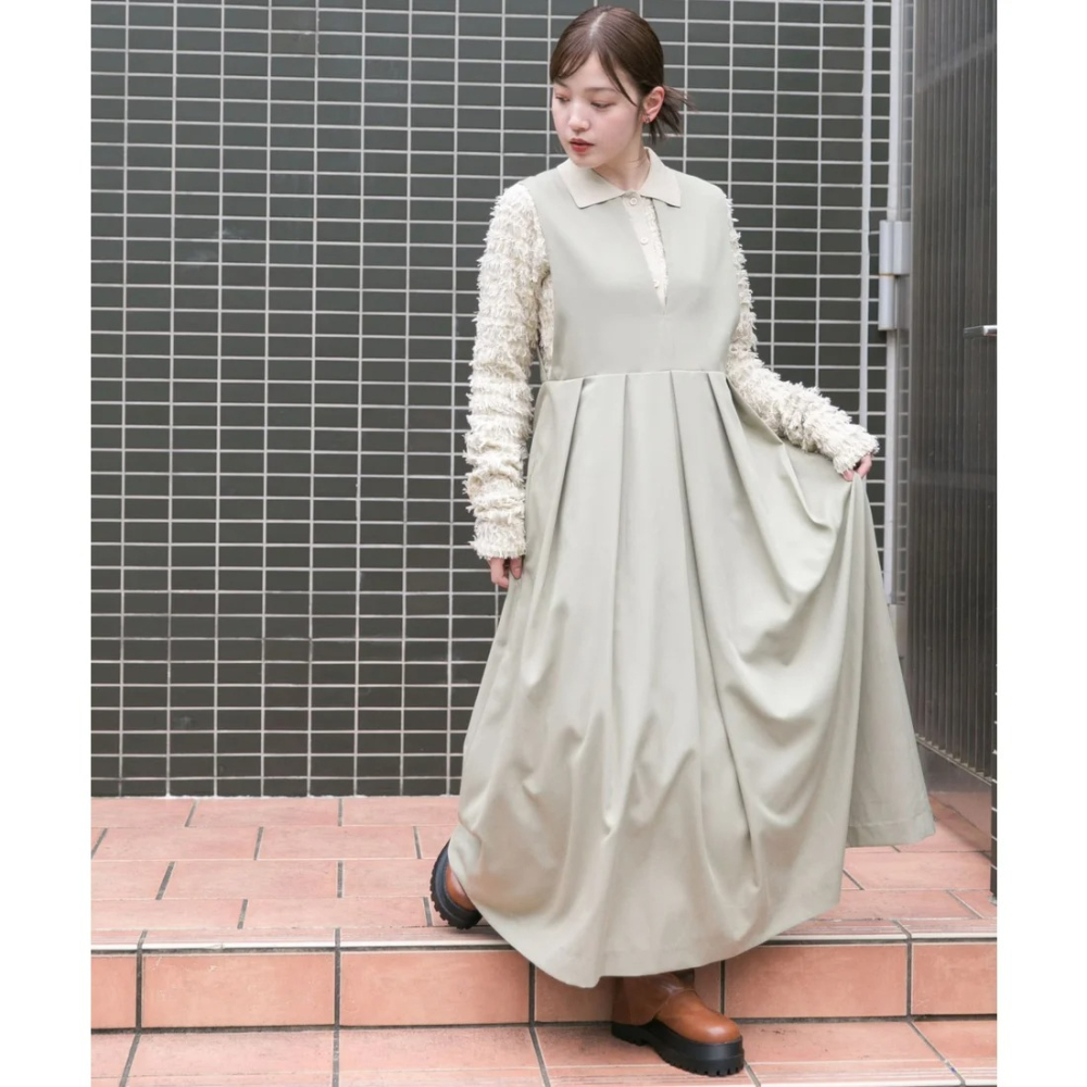 ：常花二手：🇯🇵 KBF ✿ V領寬百褶背心西裝洋裝（實拍照請看下方商品說明欄）日牌正品 現貨-細節圖3