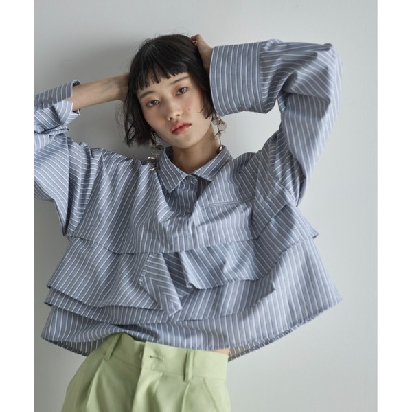 ：常花二手：🇯🇵 THE YOn ✿ 荷葉拼接下擺條紋襯衫（實拍照請看下方商品說明欄）日牌正品 現貨-細節圖5