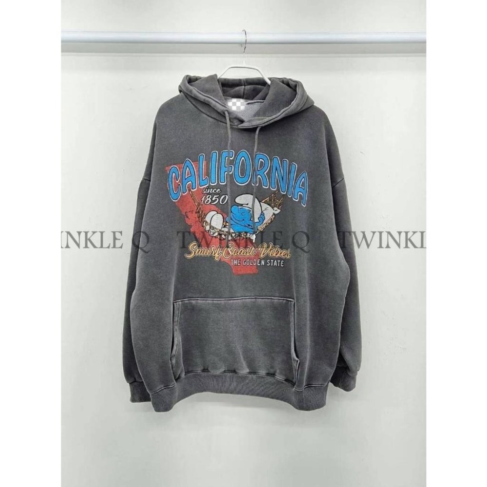 🎀 Twinkle Q 🎀-預購✈️正韓🇰🇷東大門 藍色小精靈 水洗 連帽 大學Ｔ 帽Ｔ 休閒 長袖 上衣 男女 中性-細節圖2