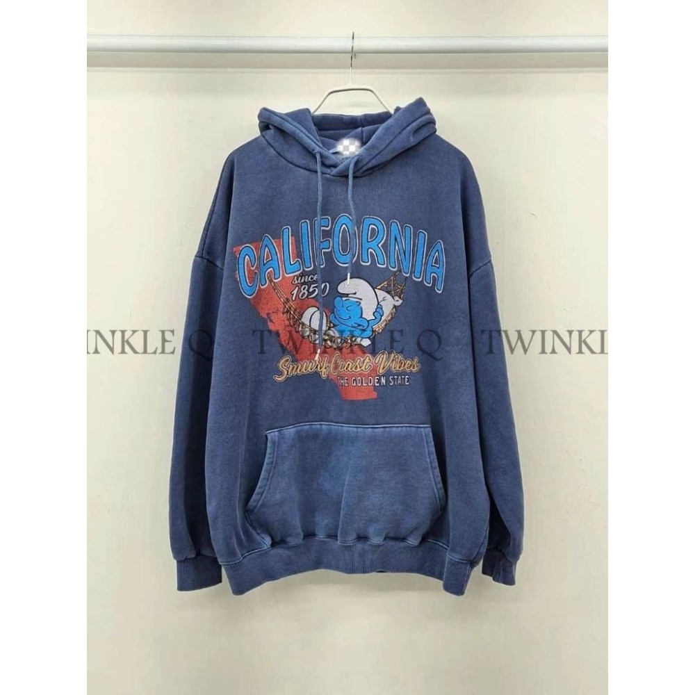 🎀 Twinkle Q 🎀-預購✈️正韓🇰🇷東大門 藍色小精靈 水洗 連帽 大學Ｔ 帽Ｔ 休閒 長袖 上衣 男女 中性-細節圖3