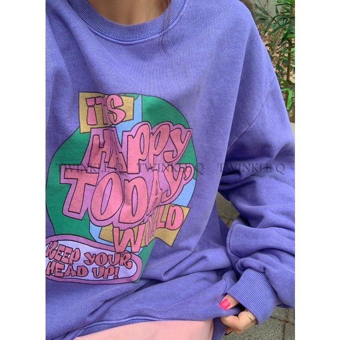 🎀 Twinkle Q韓國代購BUY好物-預購✈️正韓🇰🇷東大門 HAPPY TODAY 水洗 寬鬆 大學Ｔ 衛衣 上衣-細節圖2