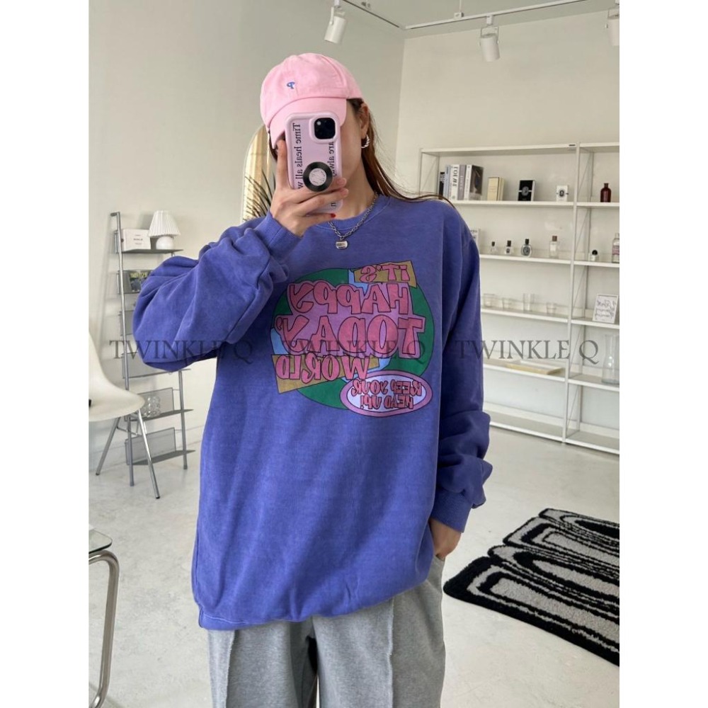 🎀 Twinkle Q韓國代購BUY好物-預購✈️正韓🇰🇷東大門 HAPPY TODAY 水洗 寬鬆 大學Ｔ 衛衣 上衣-細節圖3