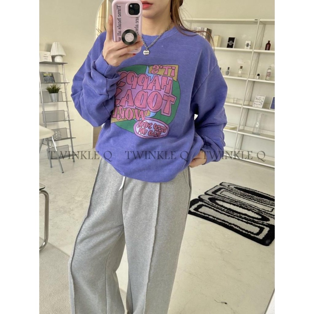 🎀 Twinkle Q韓國代購BUY好物-預購✈️正韓🇰🇷東大門 HAPPY TODAY 水洗 寬鬆 大學Ｔ 衛衣 上衣-細節圖4