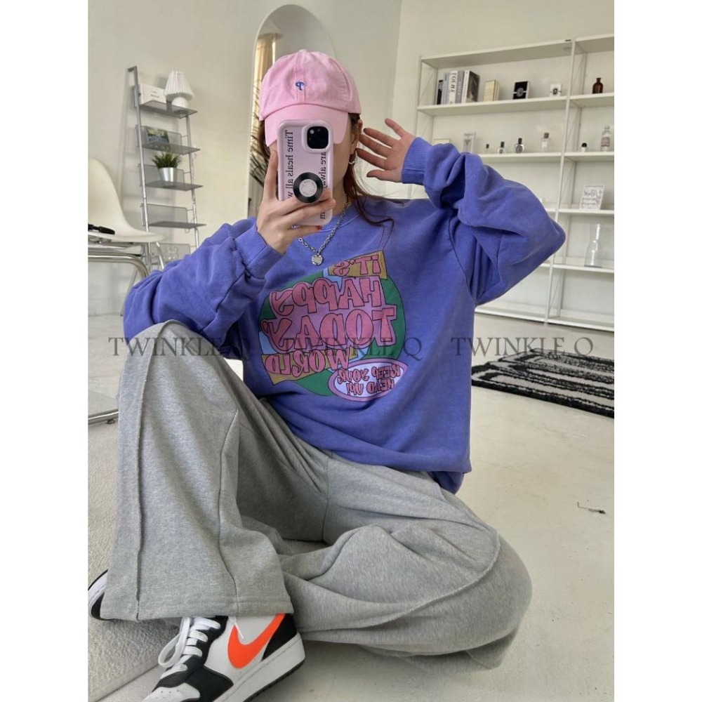 🎀 Twinkle Q韓國代購BUY好物-預購✈️正韓🇰🇷東大門 HAPPY TODAY 水洗 寬鬆 大學Ｔ 衛衣 上衣-細節圖5