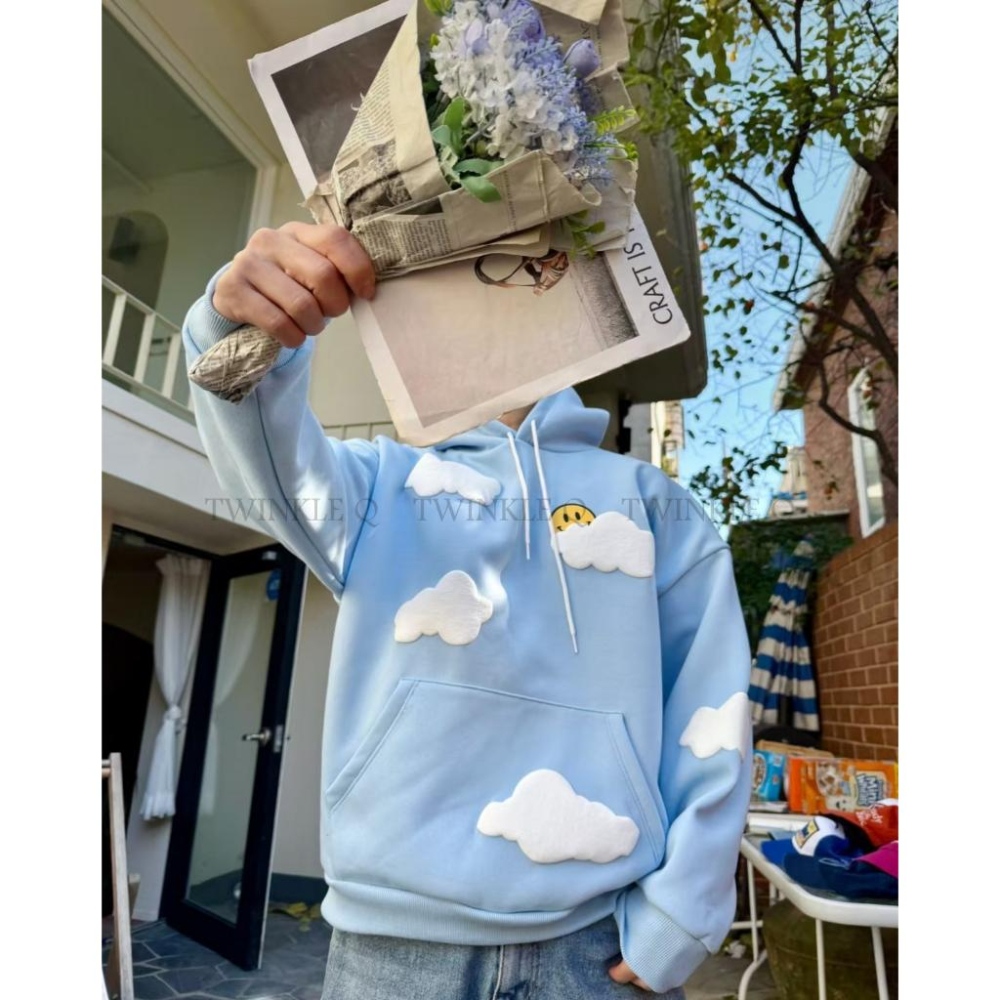 🎀TwinkleQ韓國代購-預購✈️東大門🔥南大門正韓 連帽t恤 男女中性 笑臉 雲朵 刷毛 連帽上衣 連帽衫 帽t-細節圖2