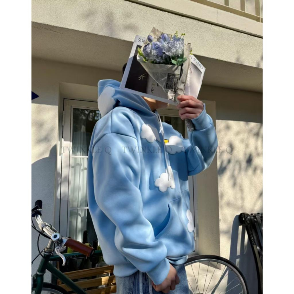 🎀TwinkleQ韓國代購-預購✈️東大門🔥南大門正韓 連帽t恤 男女中性 笑臉 雲朵 刷毛 連帽上衣 連帽衫 帽t-細節圖3