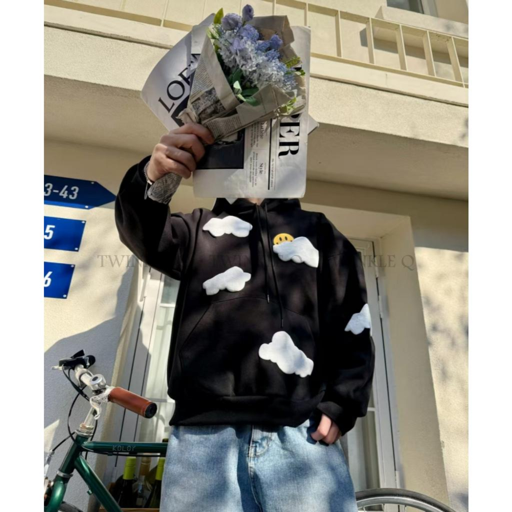 🎀TwinkleQ韓國代購-預購✈️東大門🔥南大門正韓 連帽t恤 男女中性 笑臉 雲朵 刷毛 連帽上衣 連帽衫 帽t-細節圖4