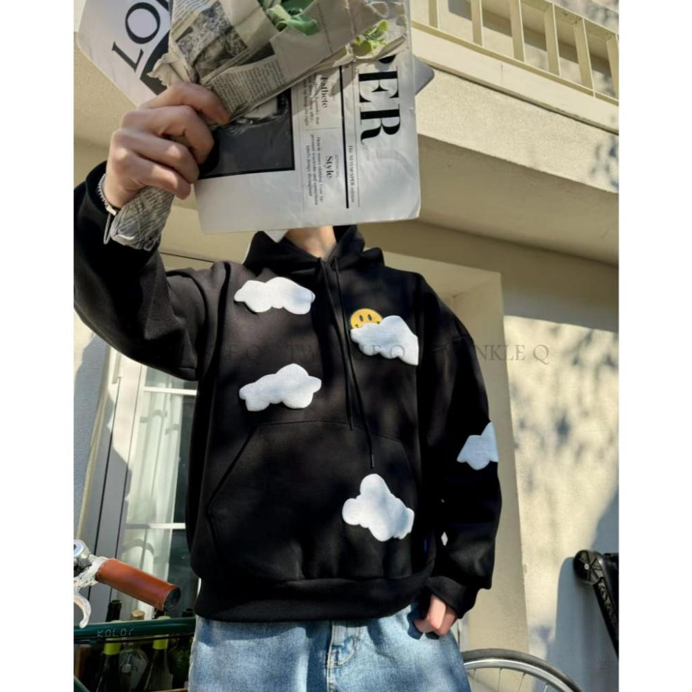 🎀TwinkleQ韓國代購-預購✈️東大門🔥南大門正韓 連帽t恤 男女中性 笑臉 雲朵 刷毛 連帽上衣 連帽衫 帽t-細節圖5