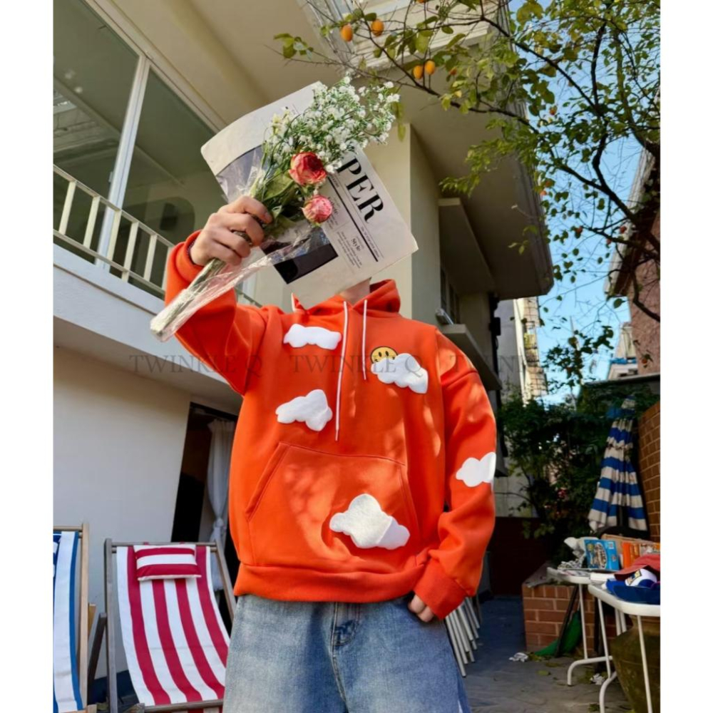 🎀TwinkleQ韓國代購-預購✈️東大門🔥南大門正韓 連帽t恤 男女中性 笑臉 雲朵 刷毛 連帽上衣 連帽衫 帽t-細節圖8