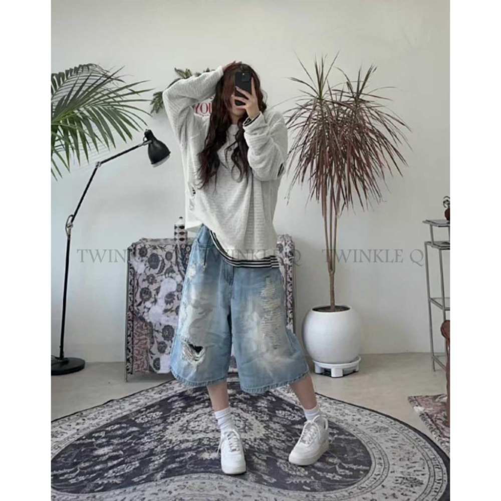 🎀TwinkleQ韓國代購-預購✈️東大門🔥南大門正韓 牛仔短褲 迷彩 割破 寬鬆短褲 休閒 牛仔褲 短褲-細節圖2