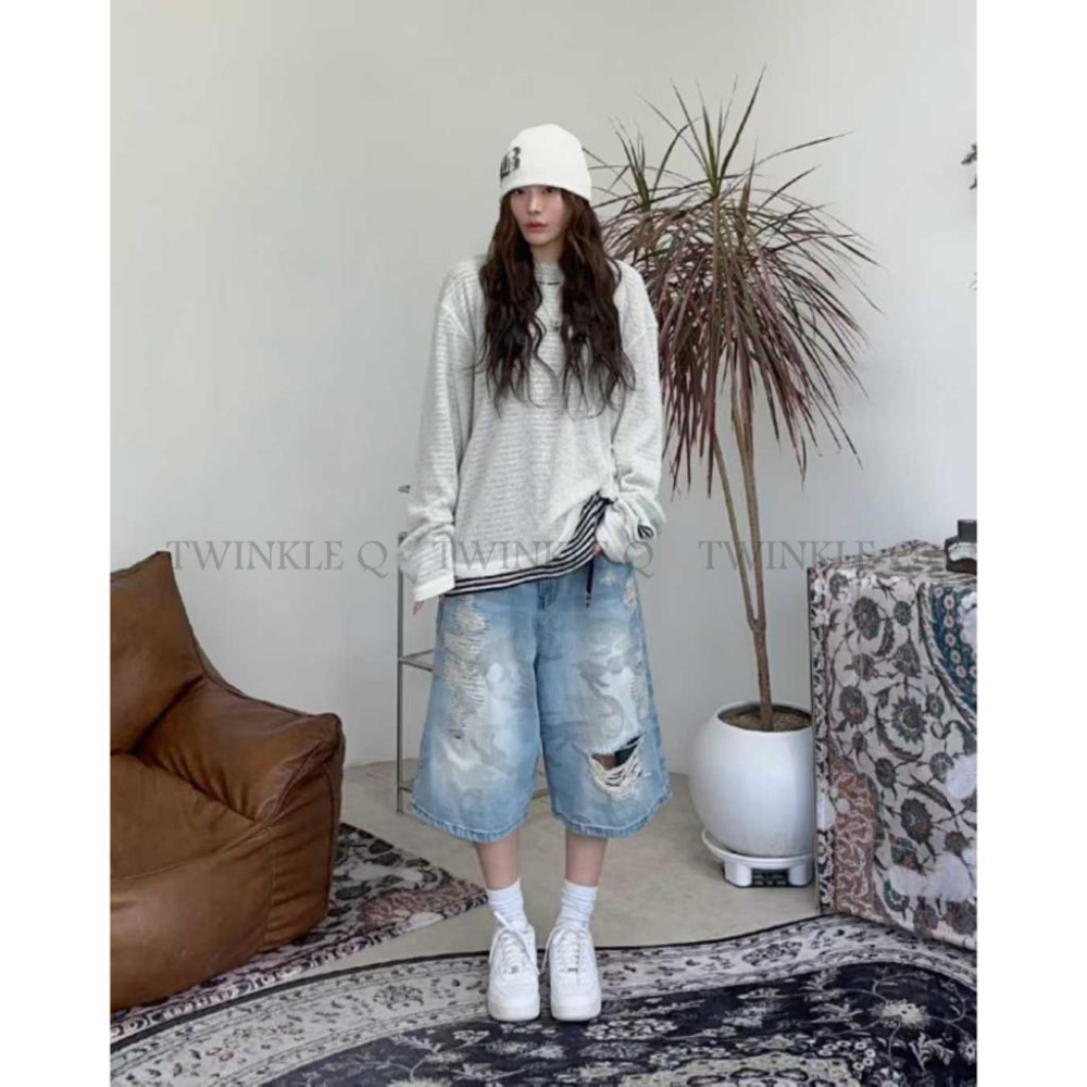 🎀TwinkleQ韓國代購-預購✈️東大門🔥南大門正韓 牛仔短褲 迷彩 割破 寬鬆短褲 休閒 牛仔褲 短褲-細節圖3