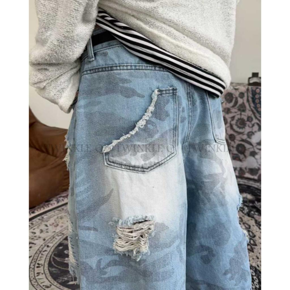 🎀TwinkleQ韓國代購-預購✈️東大門🔥南大門正韓 牛仔短褲 迷彩 割破 寬鬆短褲 休閒 牛仔褲 短褲-細節圖5