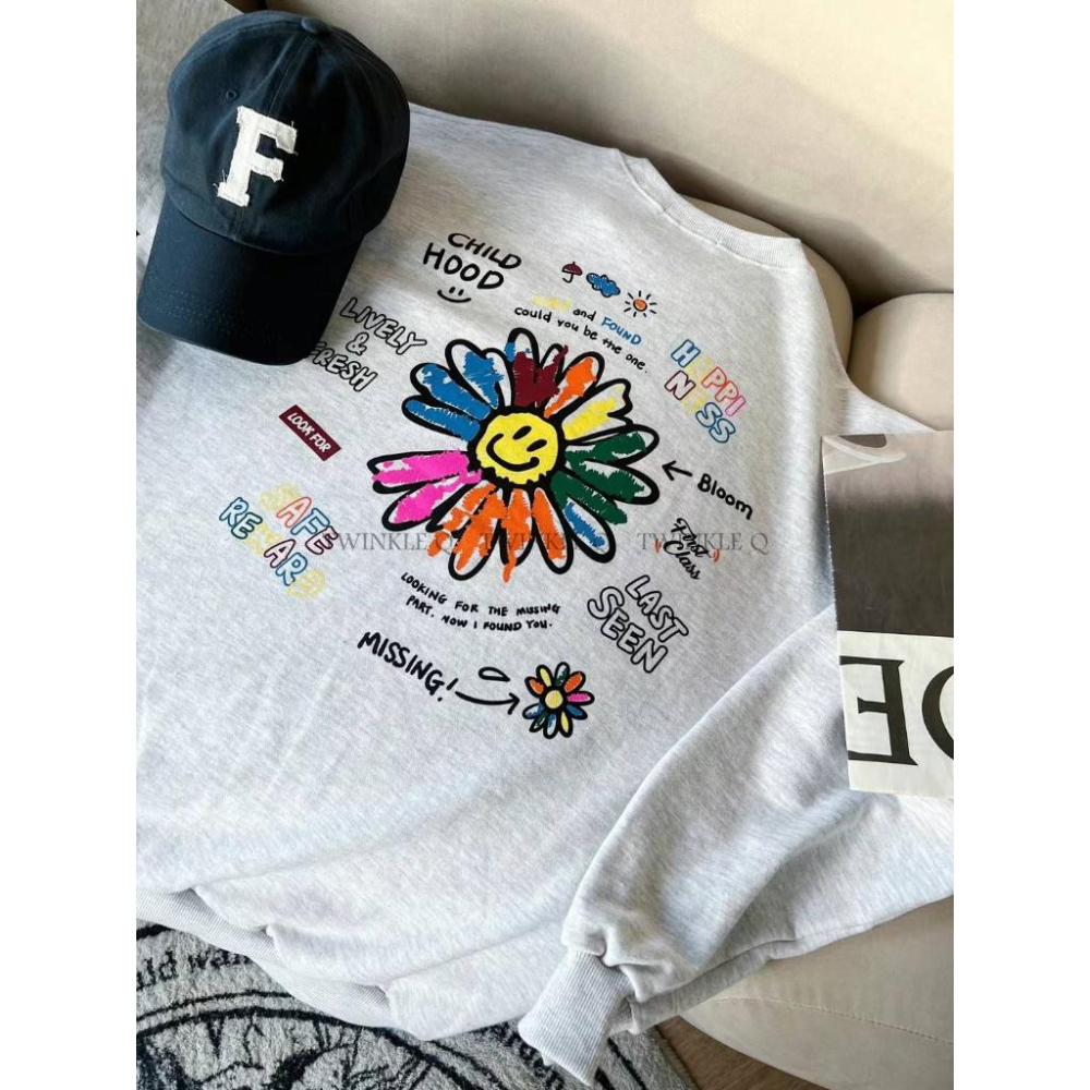 Twinkle Q韓國代購（現貨+預購）✈️東大門🔥南大門正韓 笑臉 塗鴨 印花 休閒上衣 大學t 長袖t恤 男女 中性-細節圖7