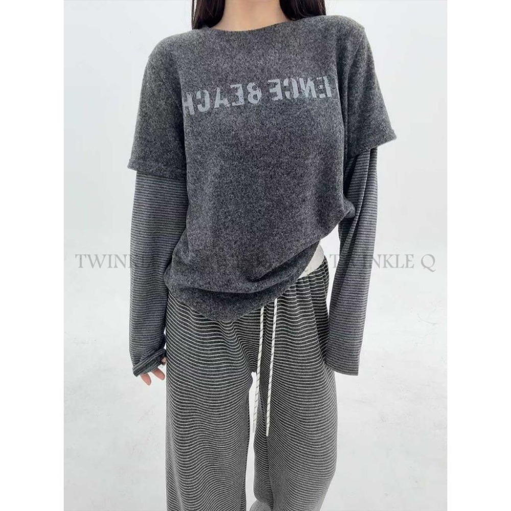 🎀TwinkleQ韓國代購BUY好物-預購✈️正韓🇰🇷 長袖上衣 字母 外磨毛 假兩件 條紋上衣 長袖t恤 長t-細節圖2