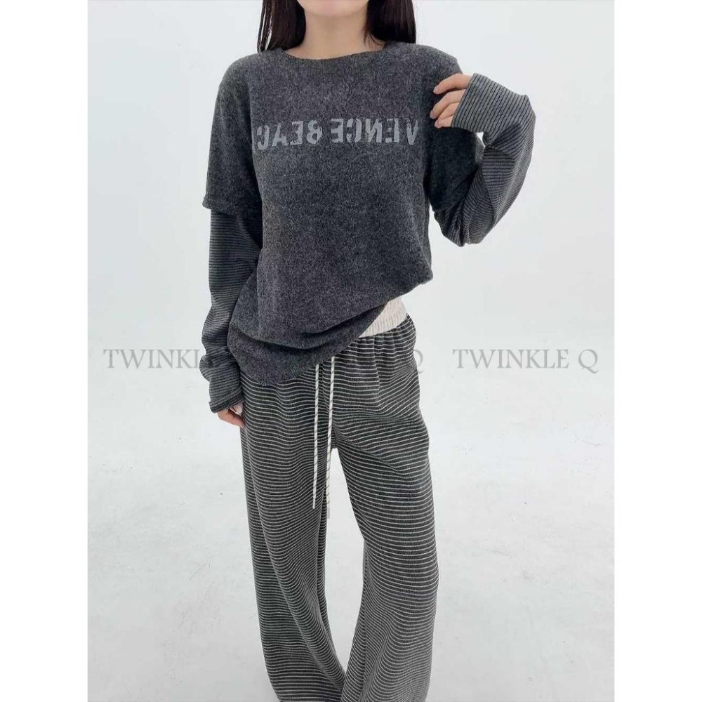 🎀TwinkleQ韓國代購BUY好物-預購✈️正韓🇰🇷 長袖上衣 字母 外磨毛 假兩件 條紋上衣 長袖t恤 長t-細節圖5