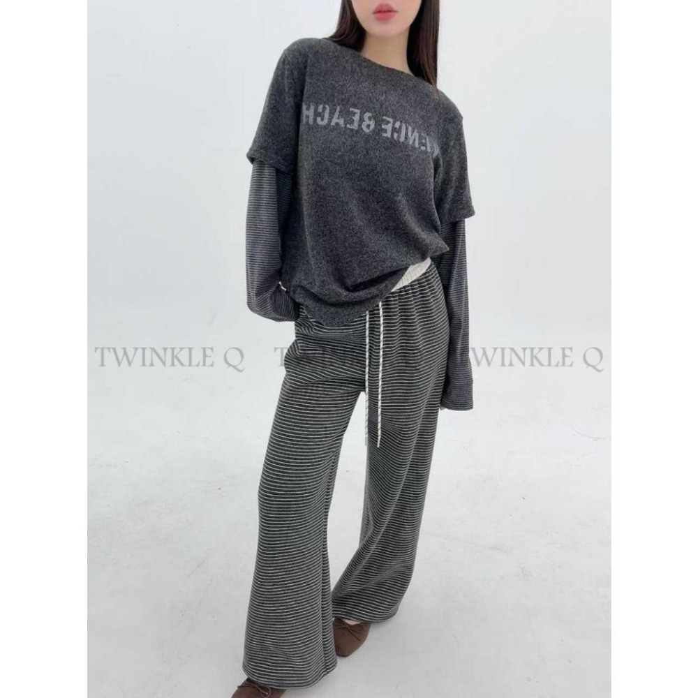 🎀TwinkleQ韓國代購BUY好物-預購✈️正韓🇰🇷 長袖上衣 字母 外磨毛 假兩件 條紋上衣 長袖t恤 長t-細節圖6