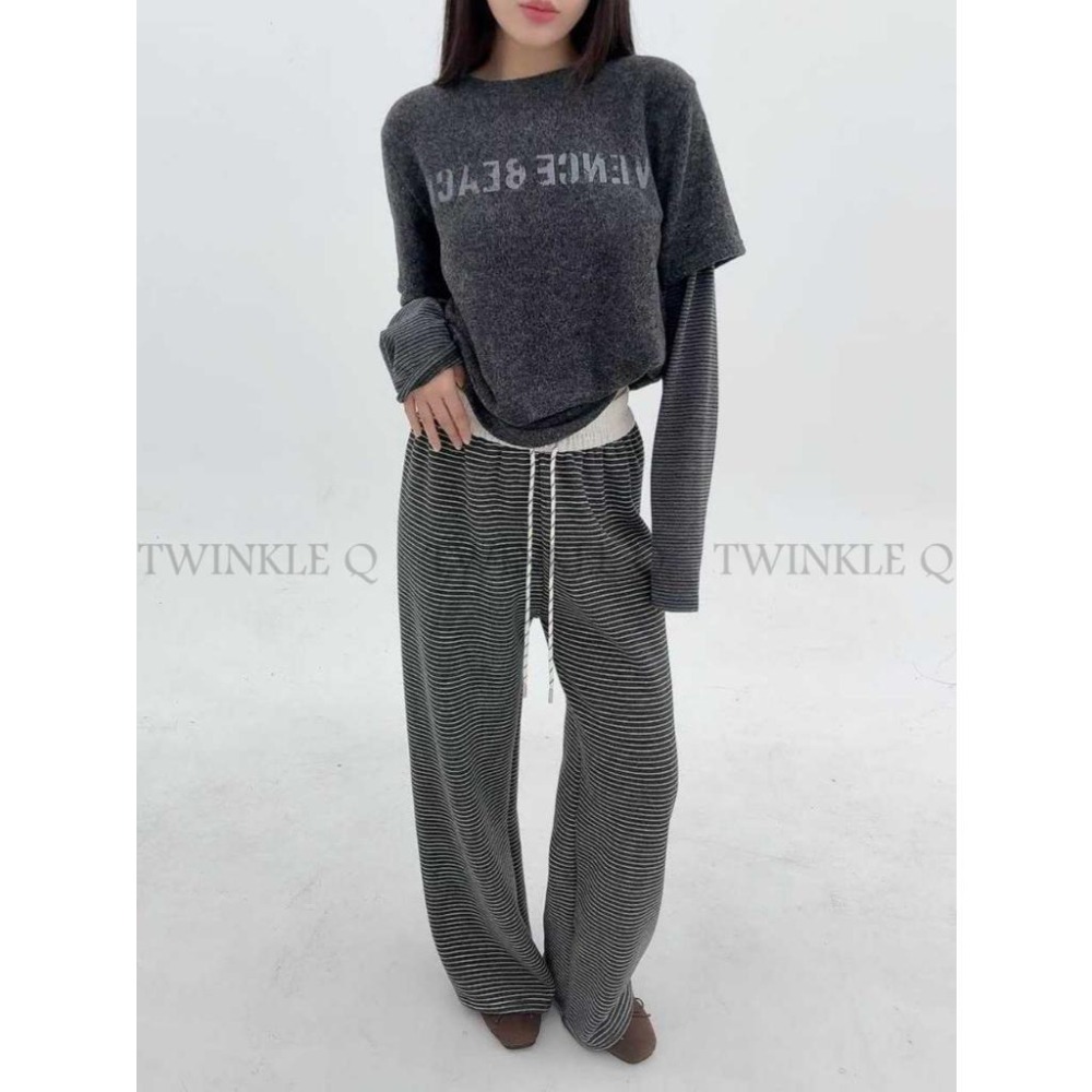 🎀TwinkleQ韓國代購BUY好物-預購✈️正韓🇰🇷 長袖上衣 字母 外磨毛 假兩件 條紋上衣 長袖t恤 長t-細節圖7