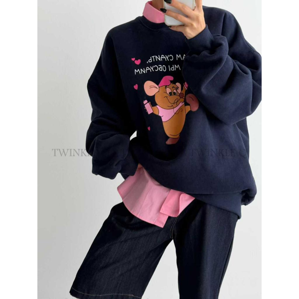 🎀TwinkleQ韓國代購-預購✈️東大門🔥南大門正韓 大學t 卡通圖案印花 刷毛 休閒上衣 寬鬆 長袖t恤 大學踢-細節圖2