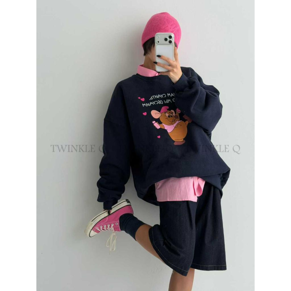 🎀TwinkleQ韓國代購-預購✈️東大門🔥南大門正韓 大學t 卡通圖案印花 刷毛 休閒上衣 寬鬆 長袖t恤 大學踢-細節圖5