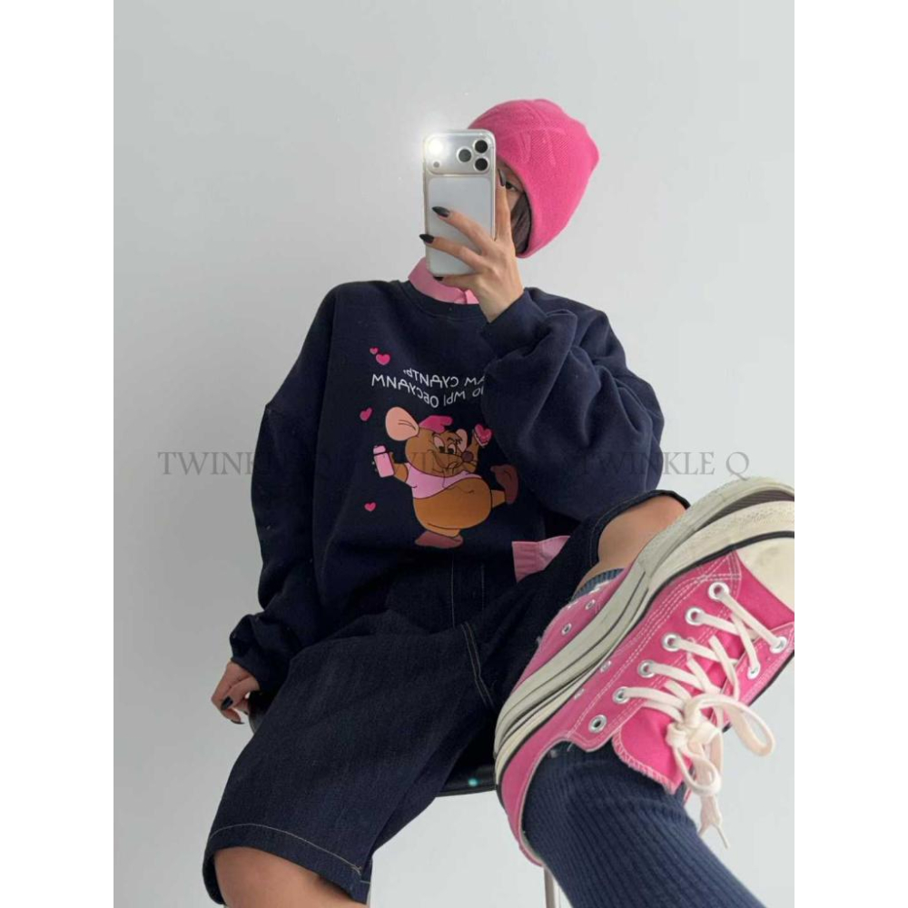 🎀TwinkleQ韓國代購-預購✈️東大門🔥南大門正韓 大學t 卡通圖案印花 刷毛 休閒上衣 寬鬆 長袖t恤 大學踢-細節圖7