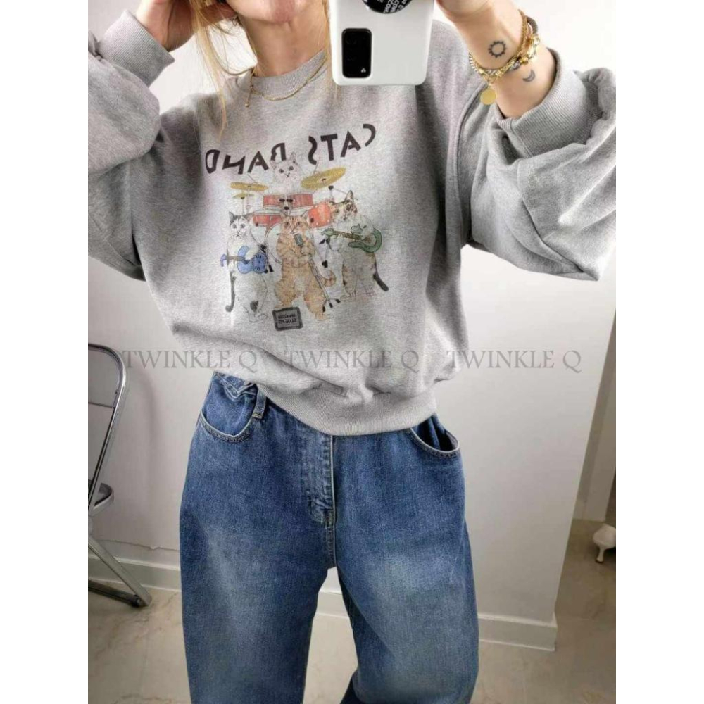 🎀TwinkleQ韓國代購-預購✈️東大門🔥南大門正韓 大學t 搖滾貓咪 圖案印花 寬鬆上衣 長袖t恤 長t 大學踢-細節圖2