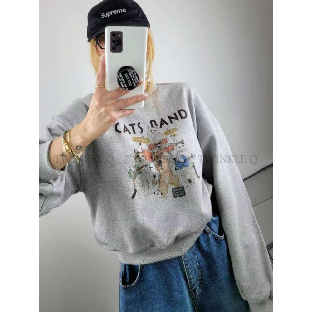 🎀TwinkleQ韓國代購-預購✈️東大門🔥南大門正韓 大學t 搖滾貓咪 圖案印花 寬鬆上衣 長袖t恤 長t 大學踢-細節圖3