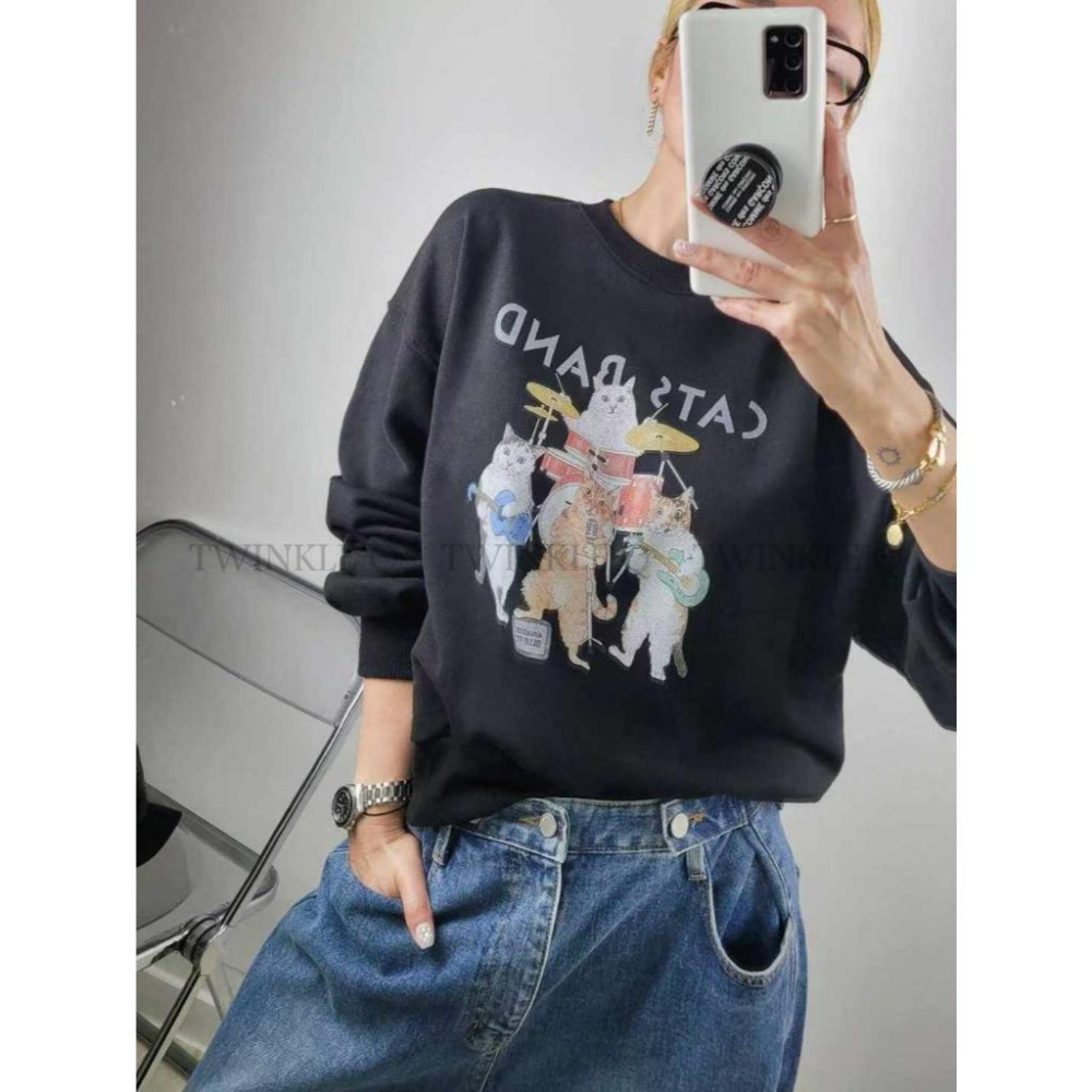 🎀TwinkleQ韓國代購-預購✈️東大門🔥南大門正韓 大學t 搖滾貓咪 圖案印花 寬鬆上衣 長袖t恤 長t 大學踢-細節圖4